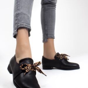 Women’s Leopard Lace-up Black Leather Flat Shoes