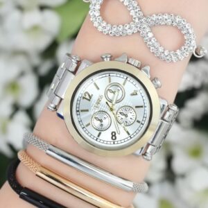 Women’s Silver Metal Strap Watch & Bracelet Set