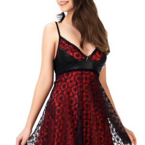 Women’s Black Lace Detail Red Satin Nightgown