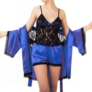 Women’s Black Lace Camisole Blue Shorts & Morning Robe Set