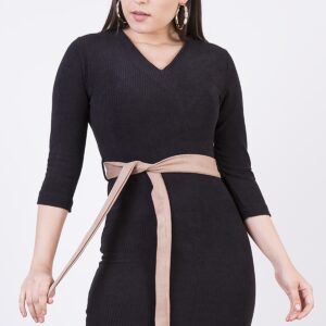 Women’s Belted Rib Velvet Short Dress